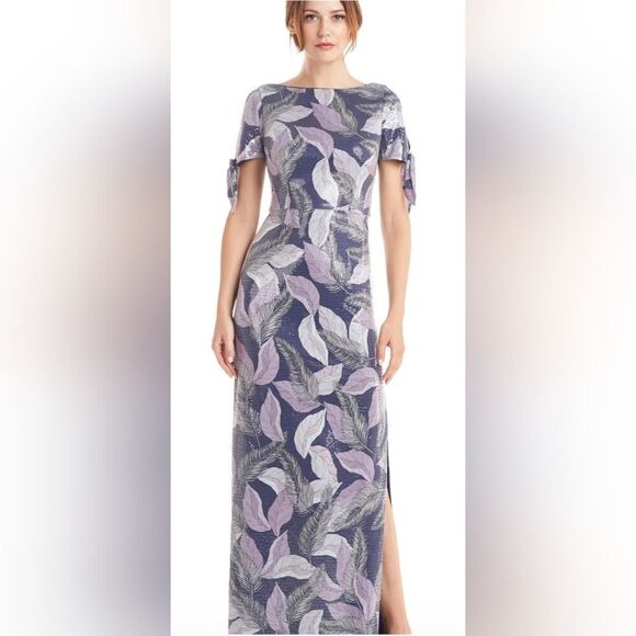 JS COLLECTION CARMEN COLUMN GOWN New size 10 feather print - Picture 1 of 6